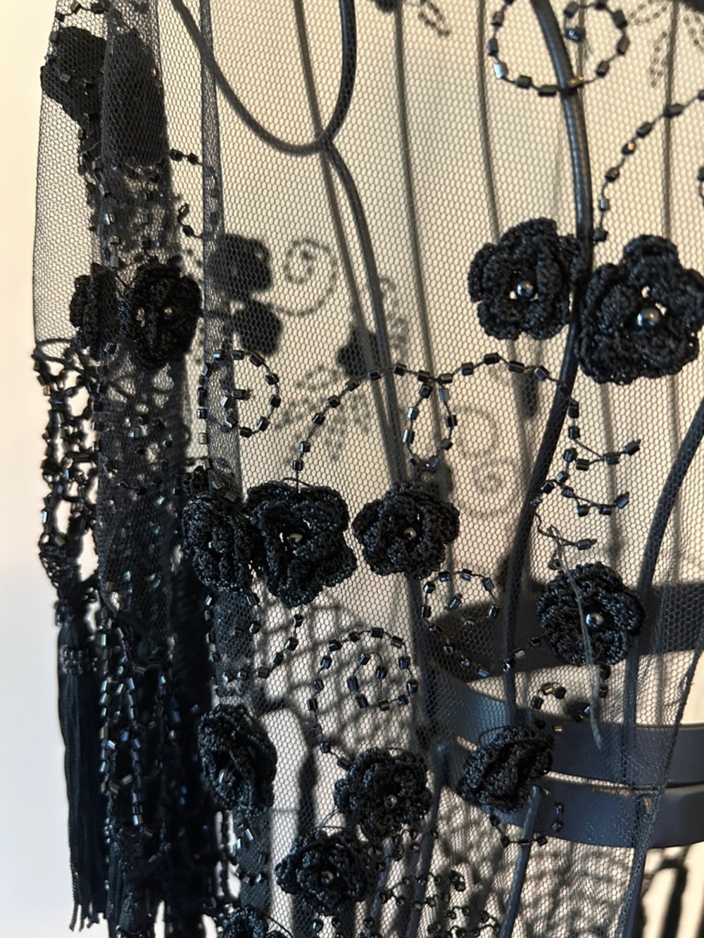 Black Lace Fringe Wrap Shawl - Elegant Evening Scarf - Picture 2 of 15